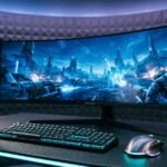 Futuristic gaming setup for Revolvertech Gaming with glowing screens and advanced gear.
