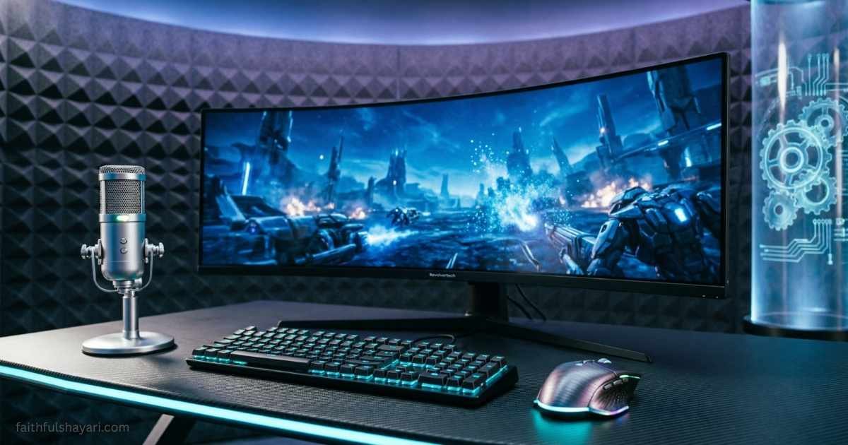 Futuristic gaming setup for Revolvertech Gaming with glowing screens and advanced gear.
