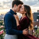 Romantic couple sharing a soft kiss in a warm romantic moment.
