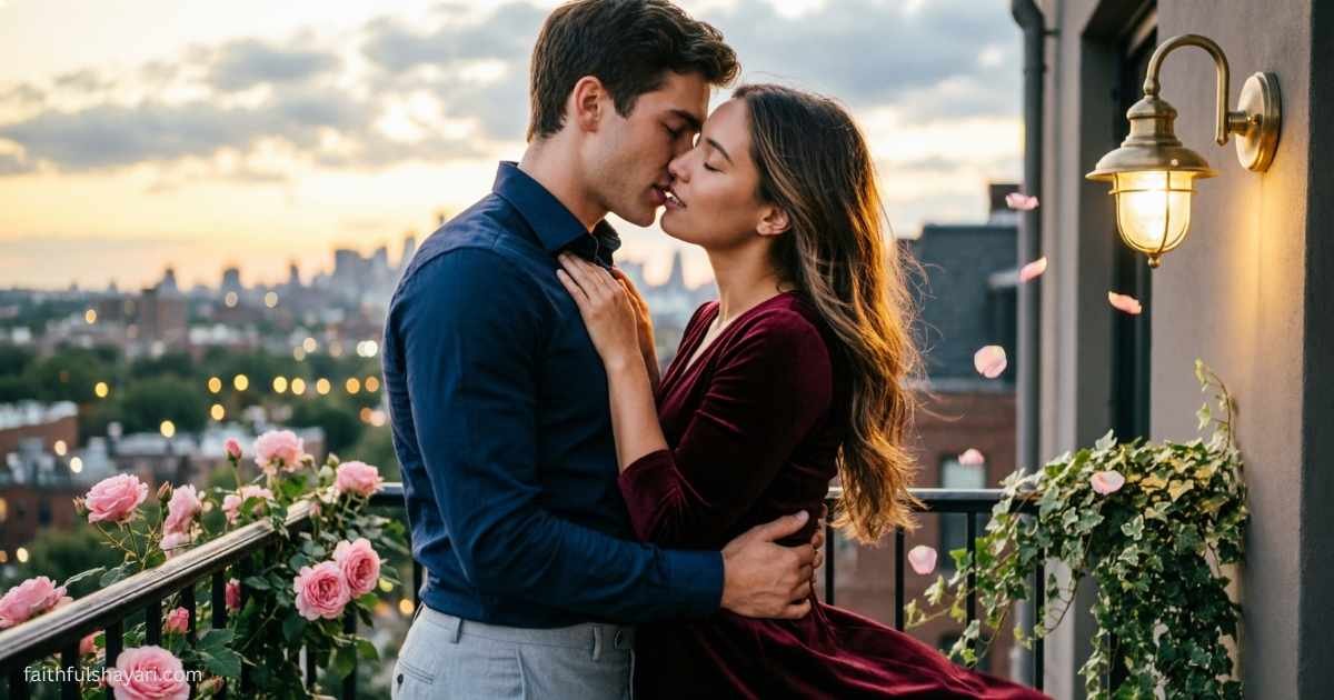 Romantic couple sharing a soft kiss in a warm romantic moment.