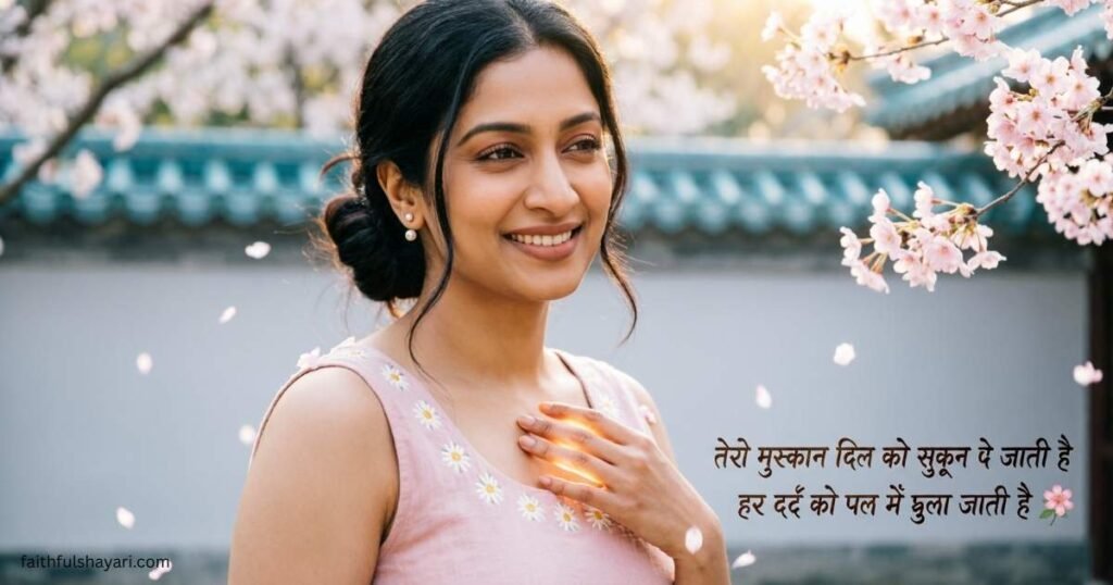 Smile Shayari in Hindi featuring a happy smiling vibe with soft, positive background.