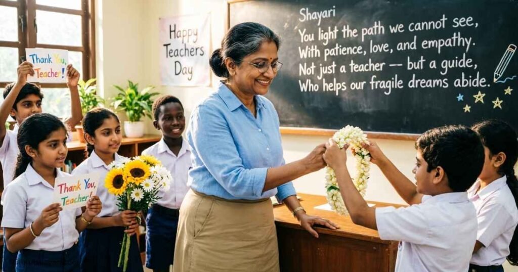 Teacher smiling with students celebrating Teachers Day.