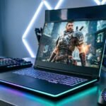 Gaming laptop with RGB lighting and high-performance gaming setup.