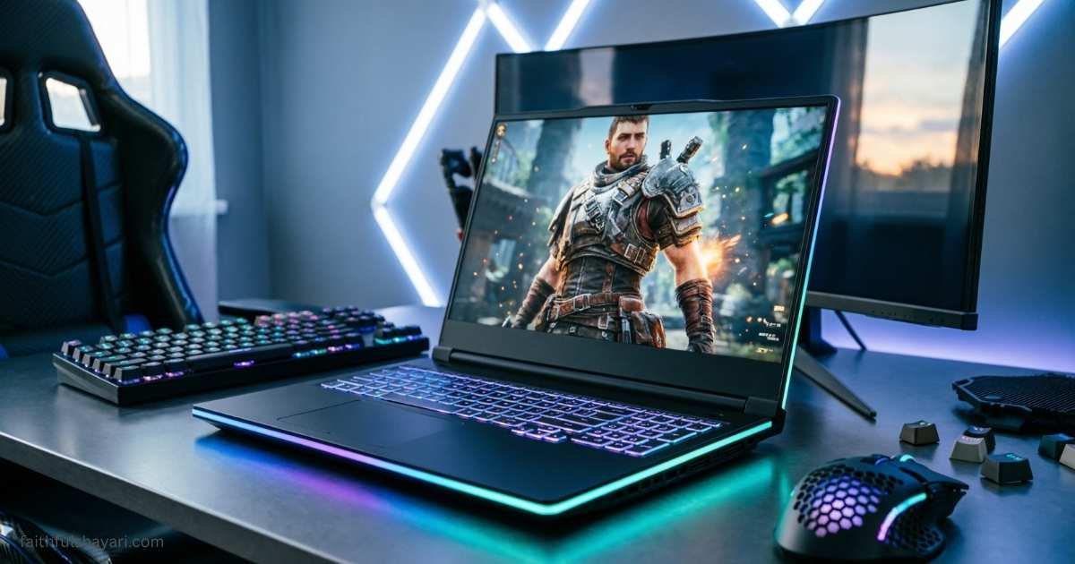 Gaming laptop with RGB lighting and high-performance gaming setup.