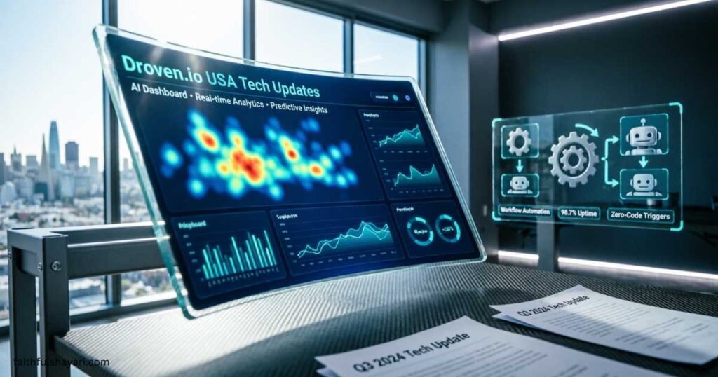 Droven.io USA Tech Updates showing AI dashboards, automation tools, and modern tech analytics.