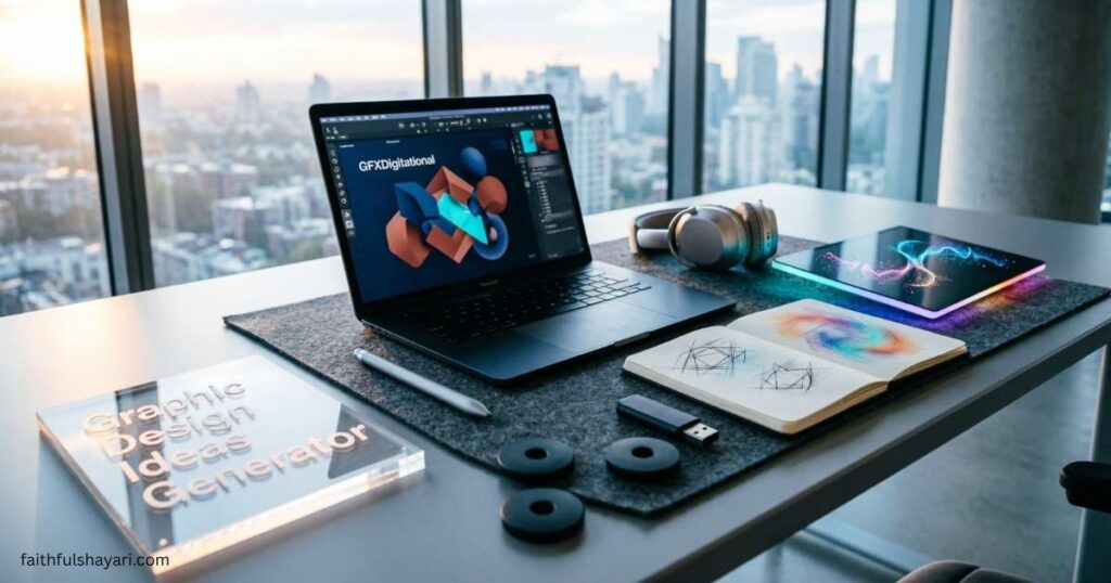 Modern design workspace showing digital tools and creative graphics for Graphic Design Ideas Generator GFXDigitational.