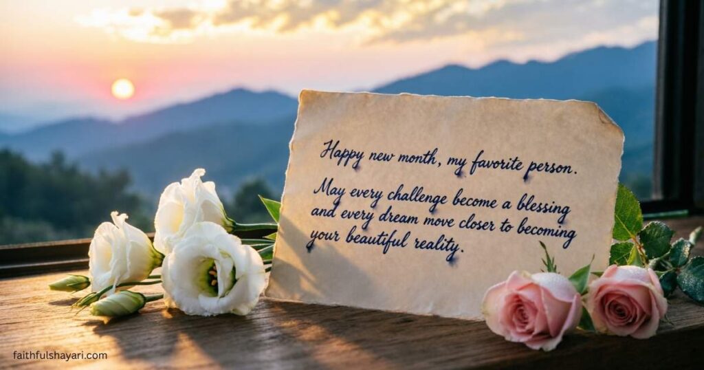 Happy New Month Prayer Messages with flowers, sunrise, and an inspiring blessing