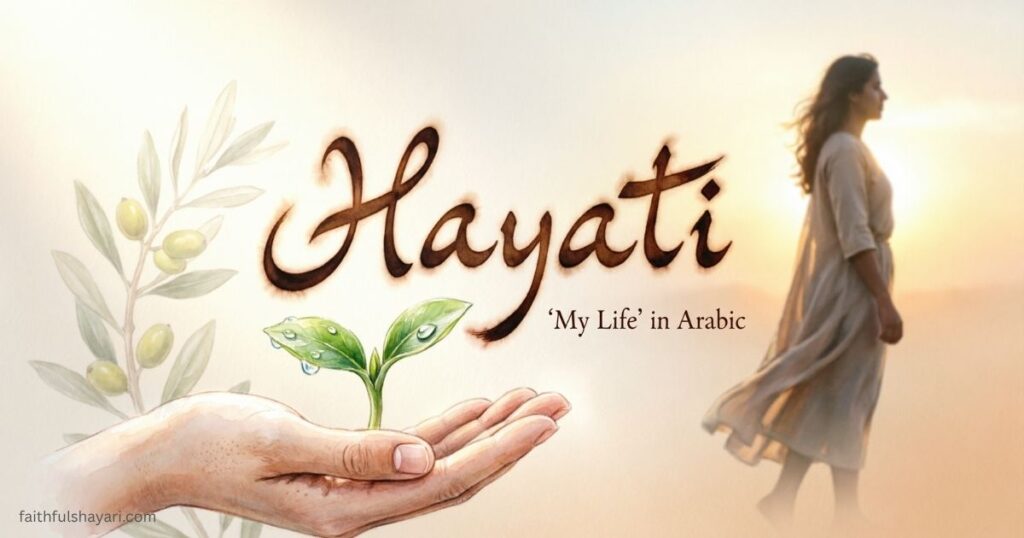 Illustration explaining the Hayati meaning with elegant typography and a soft aesthetic background.