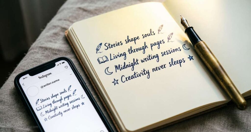 Writer Bio for Instagram with a notebook, pen, and smartphone.